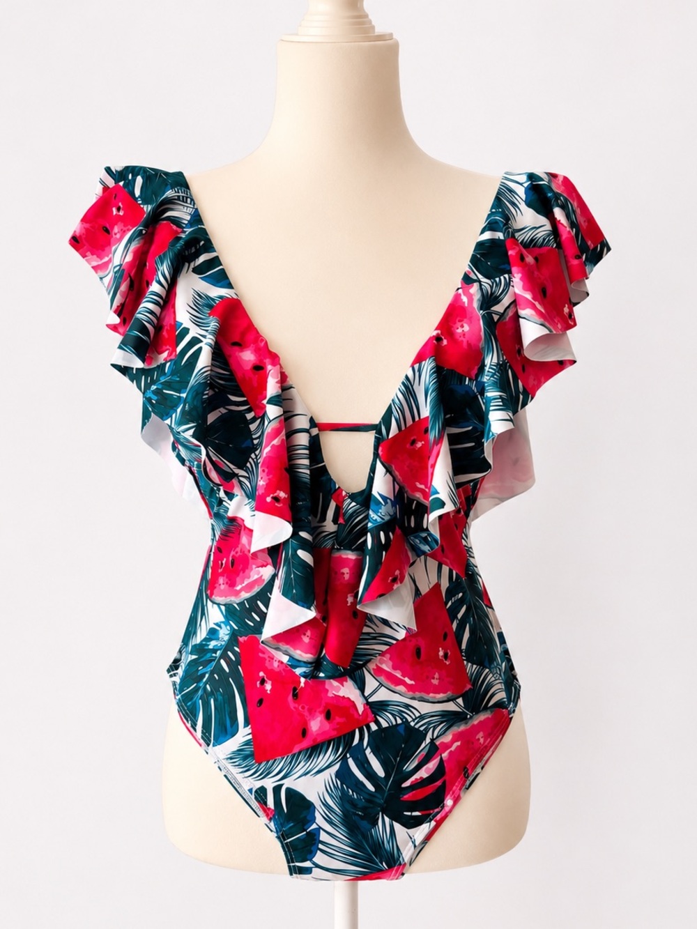 Watermelon Tropical Ruffle One-Piece Swimsuit - Picture 2 of 8